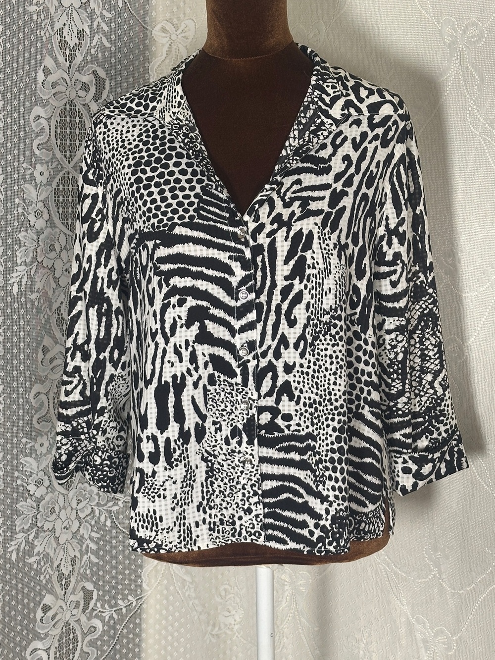 Alia Black and White Mixed Animal Print Button-Down Shirt